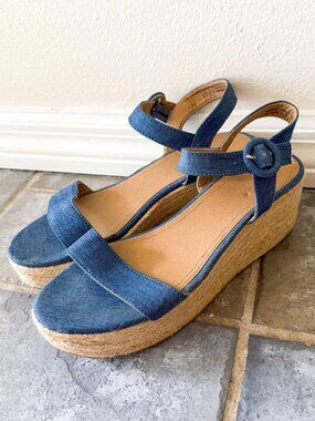 LOFT Denim Espadrille Wedge Sandals Ankle Strap Blue Women’s 9